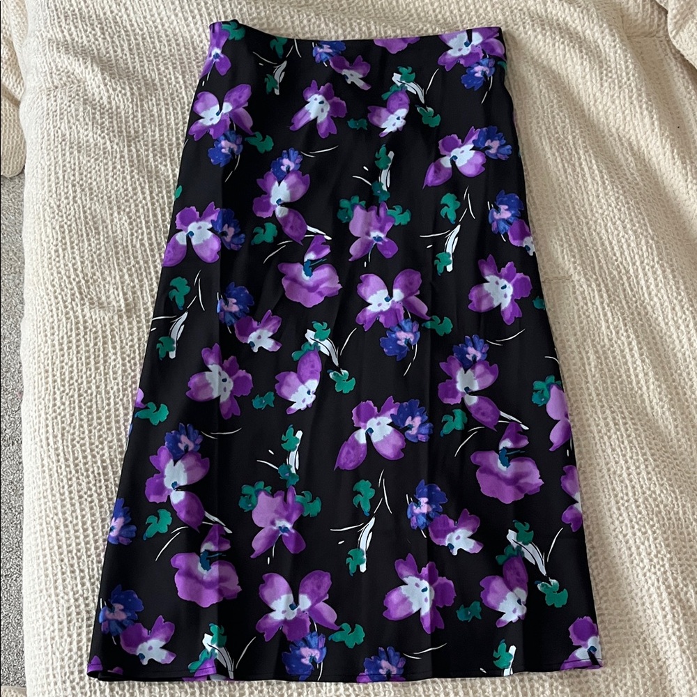 J. Crew Black Skirt with Purple and Blue Floral Design